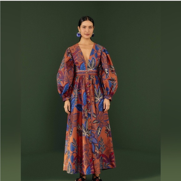 FARM Rio Dresses & Skirts - FARM Rio Wild Jungle Brown Multicolor Leaf Print Maxi Dress